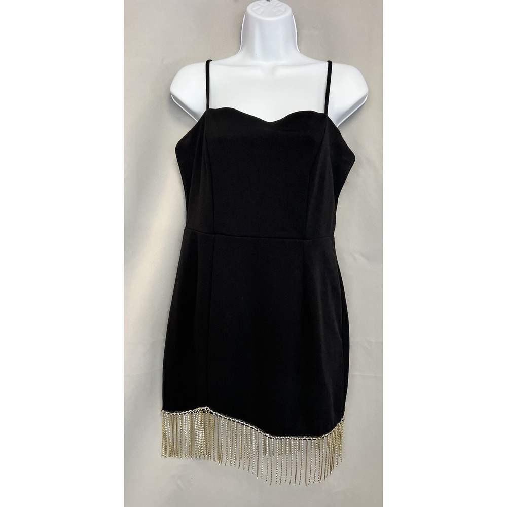 Trixxi Dress Women L Large Black Sheath Midi Zipper Rhinestone Square NeckFringe